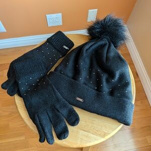 Dare 2B Black Knit Hat with Pom and Gloves Set Bejewel Swarovski Crystal